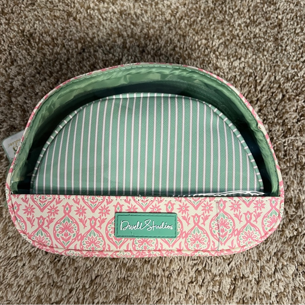 Dwell Studios NEW Makeup Skincare Bag Travel 2 Piece Set Pink Green Stripe NWT